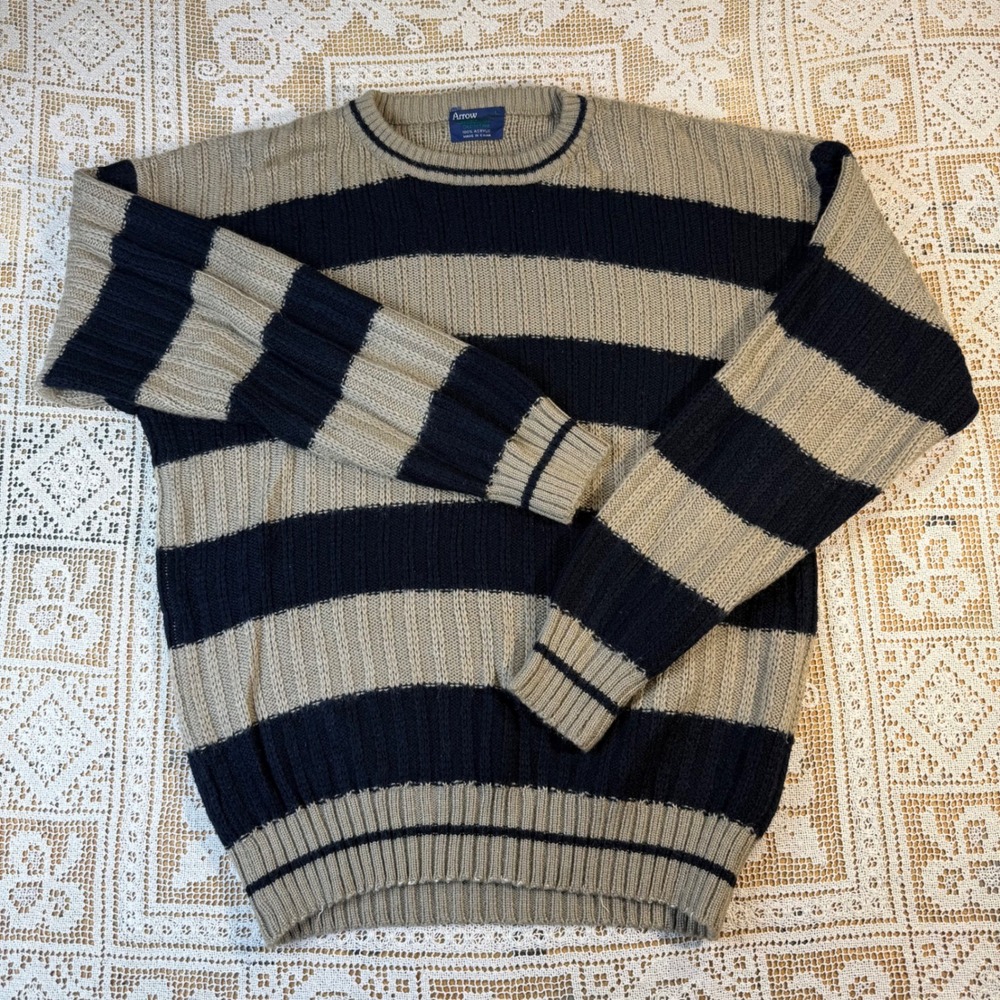 Arrow Mens Striped Crew Neck Sweater Black Tan Ribbed Knit Large Y2K Rugby Style